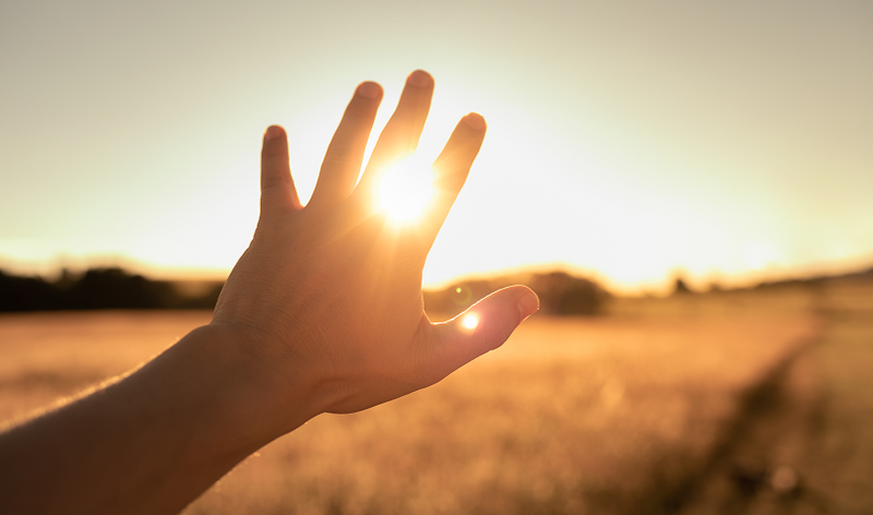 A person's hand reaches toward a bright, warm sun during golden hour in a grassy field symbolizing vitality and fast recovery